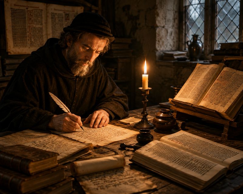 Monk/scribe writing by candlelight