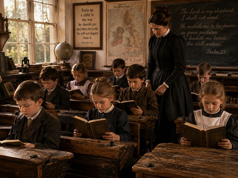 Victorian schoolroom, children reading
