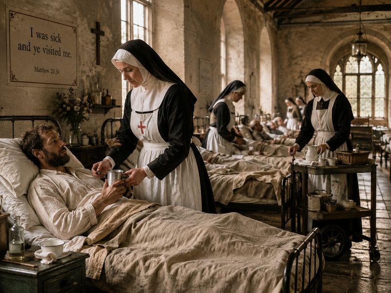 Nuns/nurses tending the sick in a ward