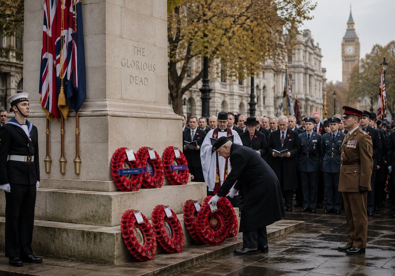 Remembrance service, cenotaph with poppy wreaths