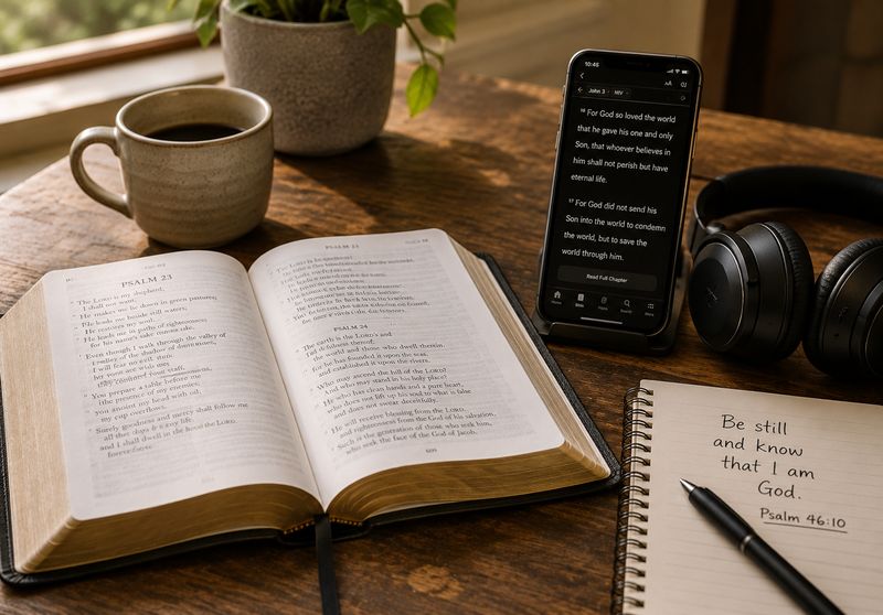 Bible, phone and headphones on a table