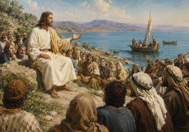 Jesus teaching a crowd by the sea