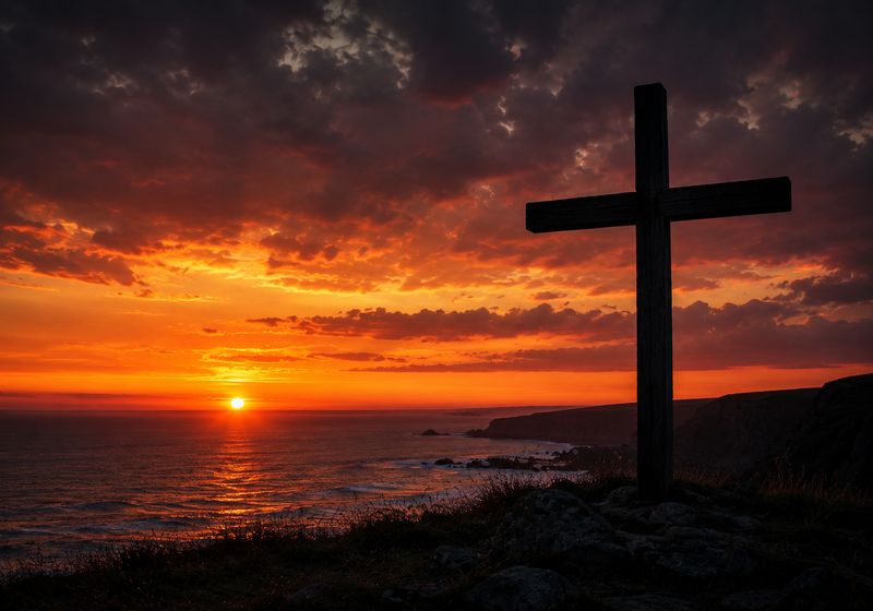 Cross silhouette at sunset by the coast