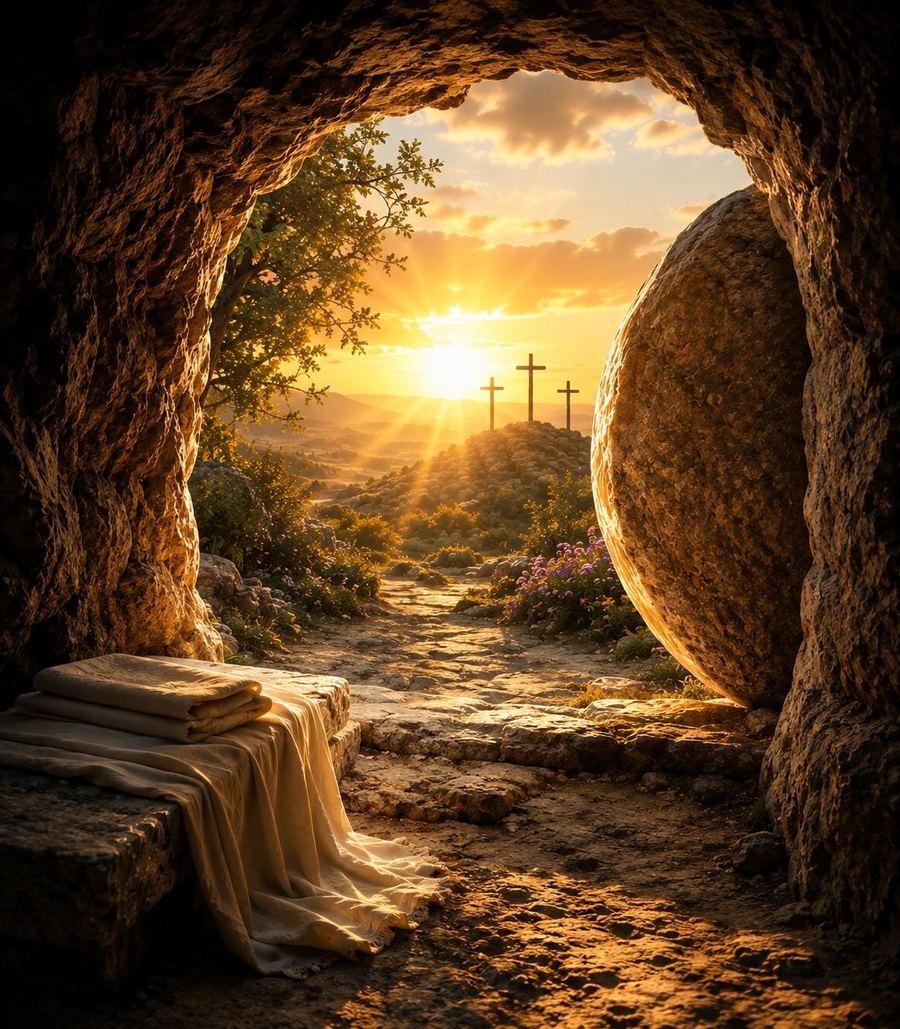 The inside of an empty tomb, its stone rolled away, lit by morning sun