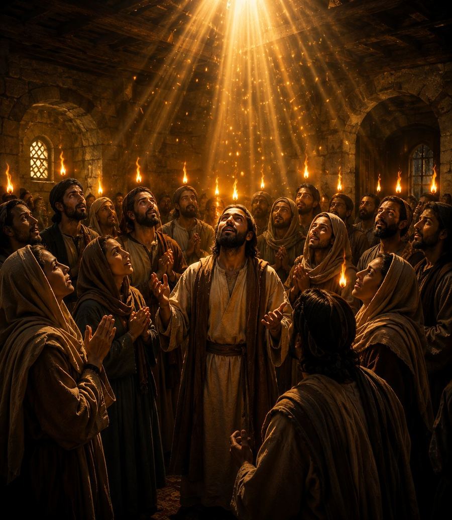 The disciples gathered in Jerusalem as tongues of fire rest on them