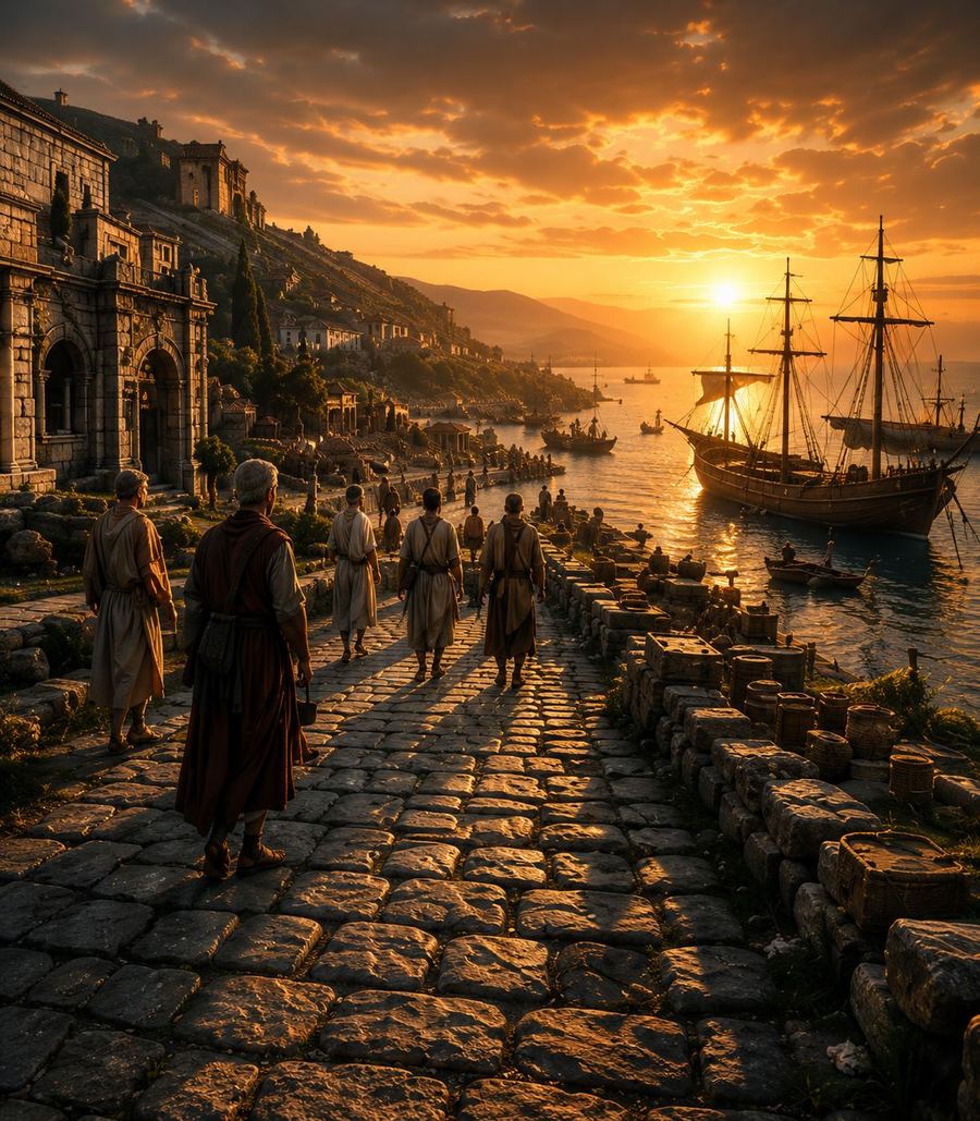A Roman road leading down to a harbour with a ship at sunset