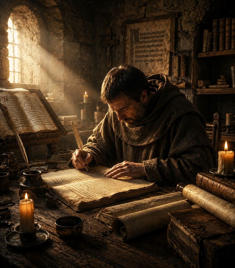 A monk copying a manuscript by candlelight in a monastery scriptorium