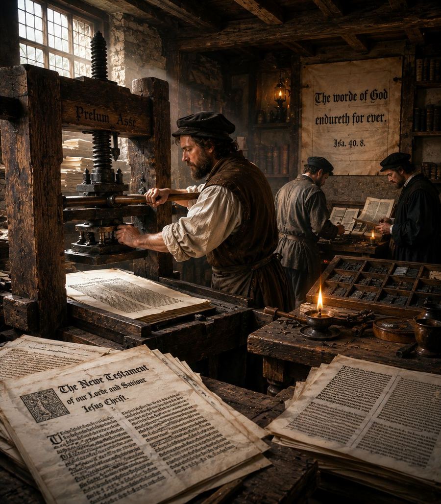 William Tyndale writing by candlelight beside an early printing press