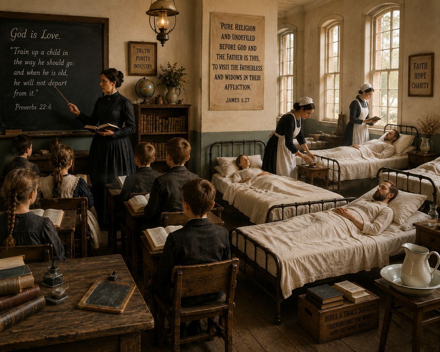 A Victorian schoolroom lit by lamplight, founded on Christian charity