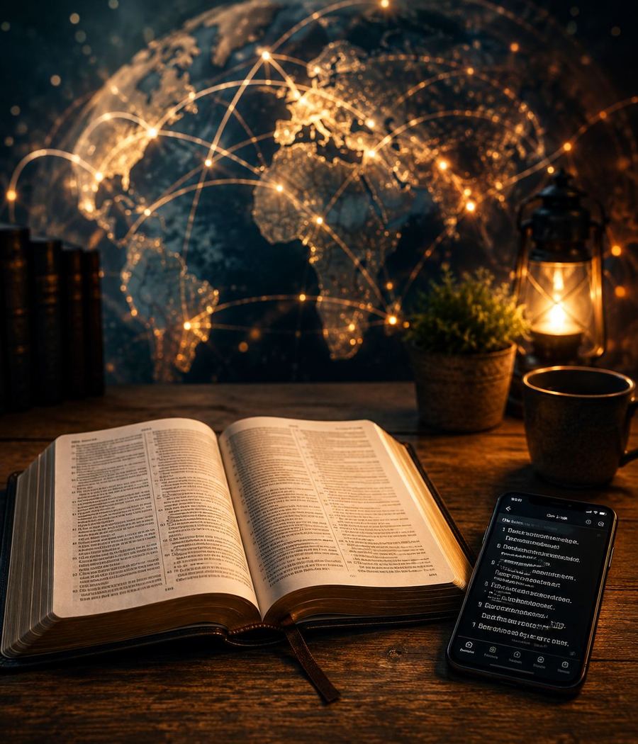 An open Bible beside a phone showing a scripture app