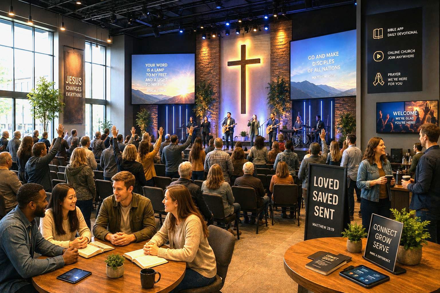A modern church gathering: families together in warm light