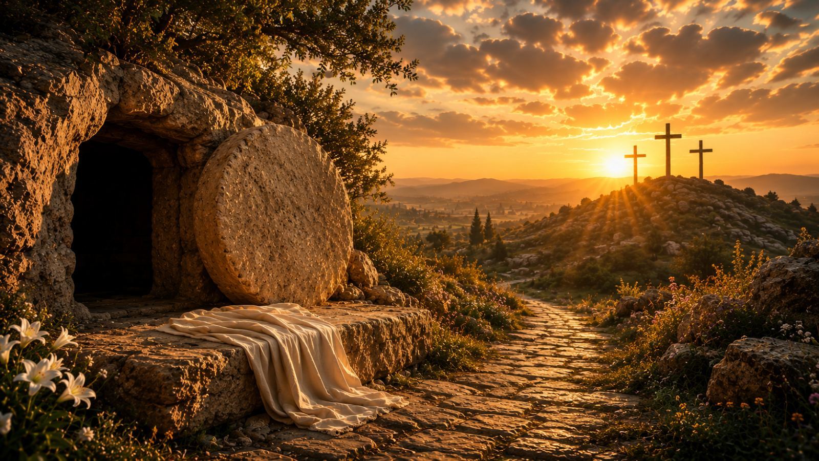 Sunrise over three crosses on a hillside above an open tomb