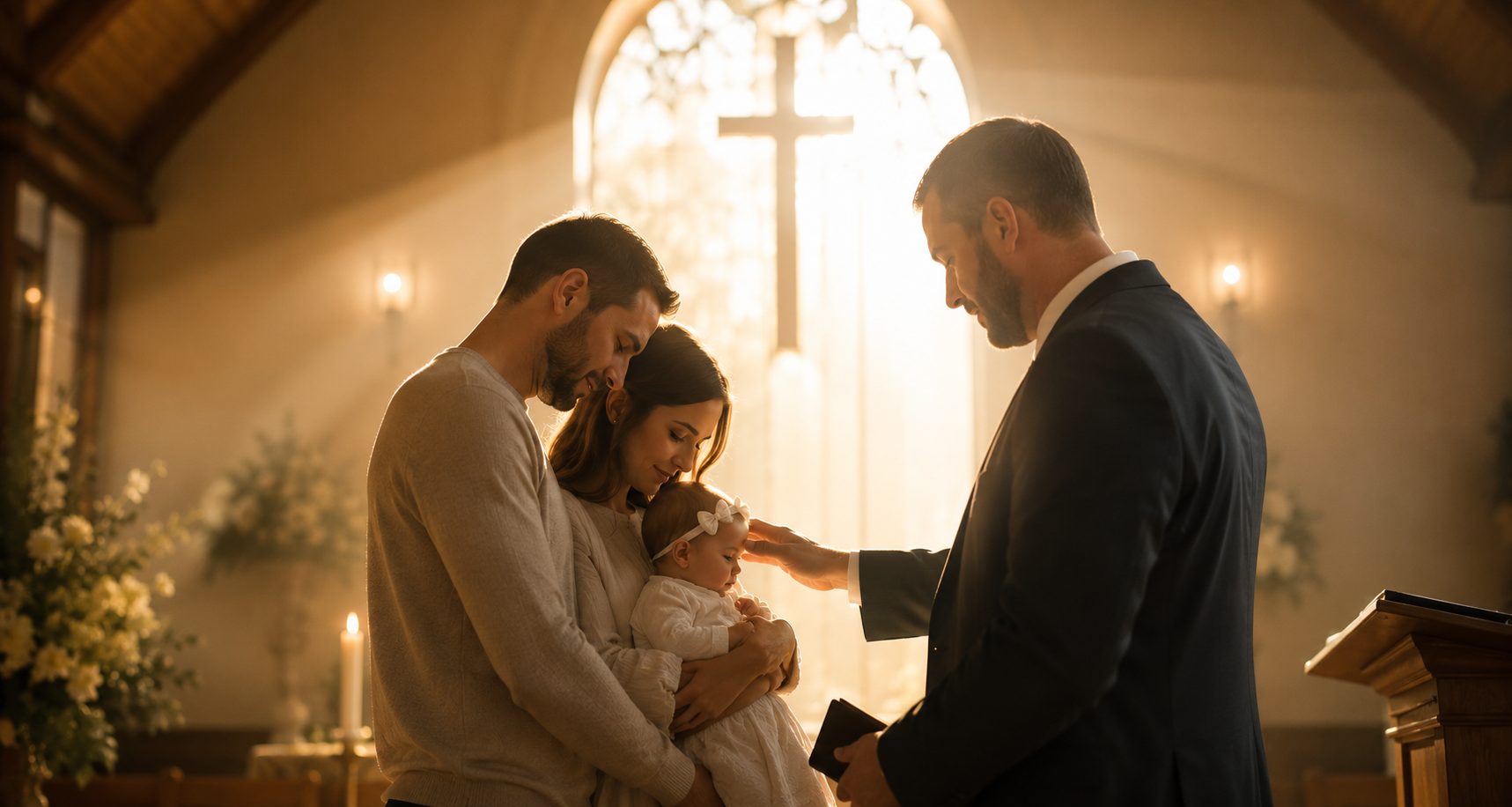 Parents holding their baby as a minister lays a hand on the child in prayer