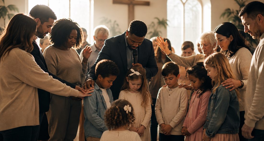 A congregation gathered around children with hands raised, praying together