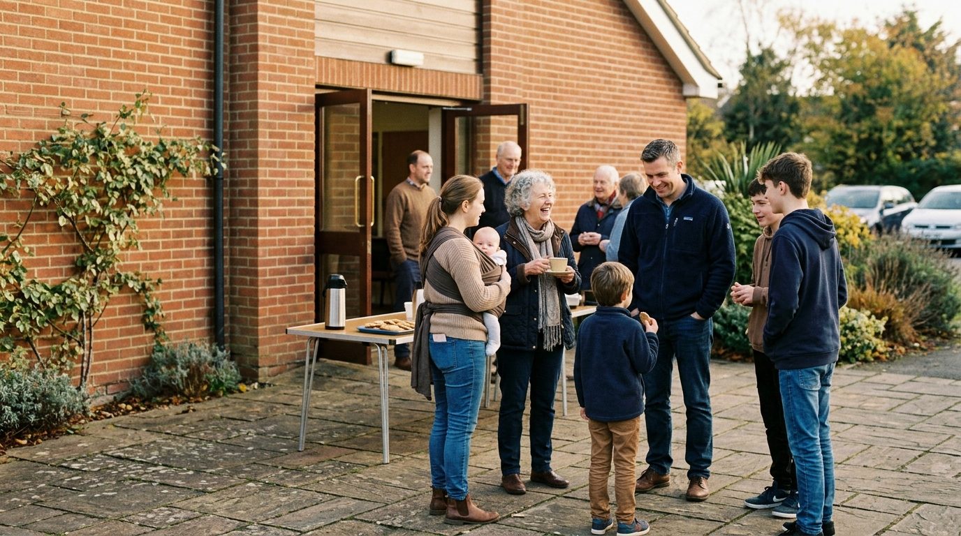 A small congregation greeting one another warmly at the door of a British community church