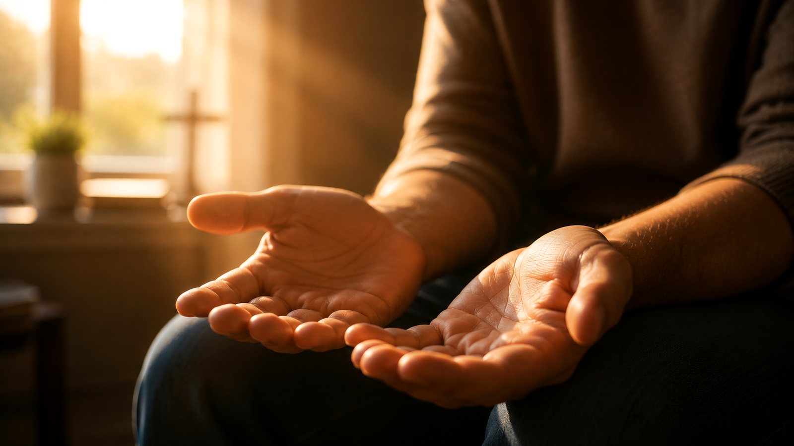 A person sitting with open, empty hands resting palm-up on their lap in warm window light