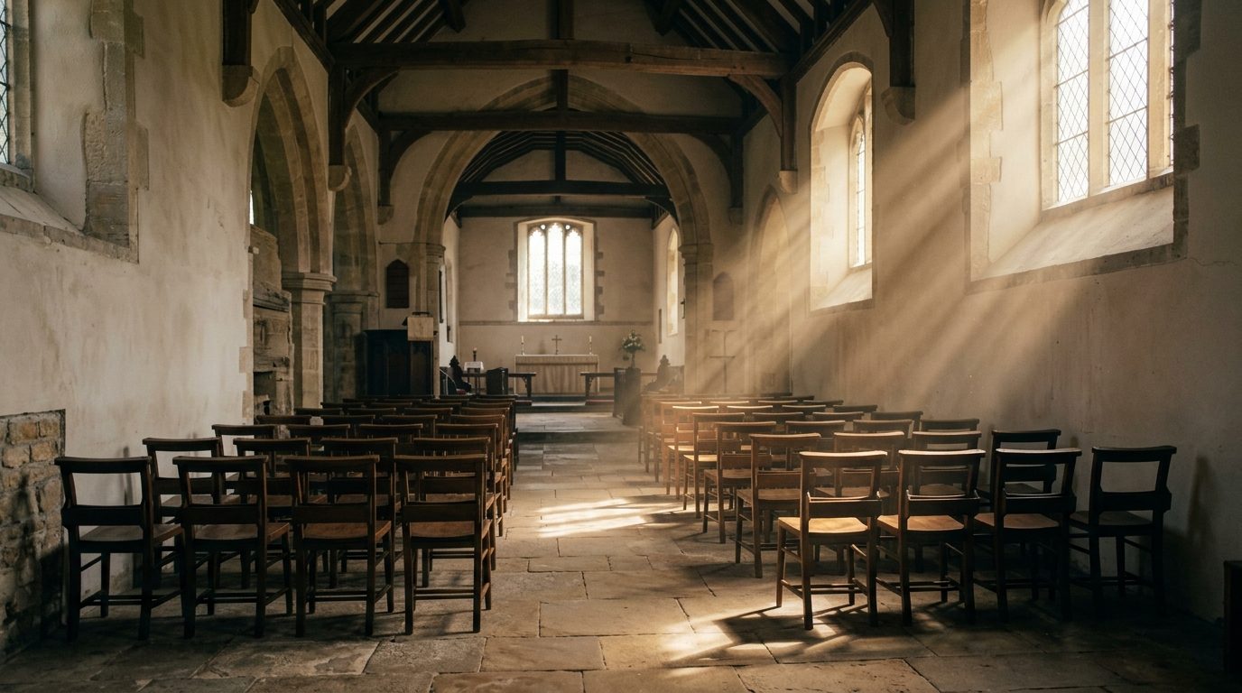 Warm light streaming down through high windows into a quiet church, dust visible in the beams