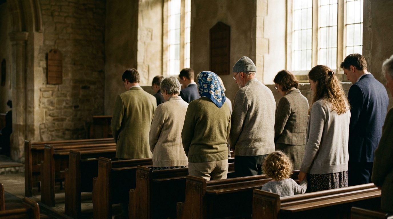 A congregation standing together in worship in a modest British church hall, morning light through the windows