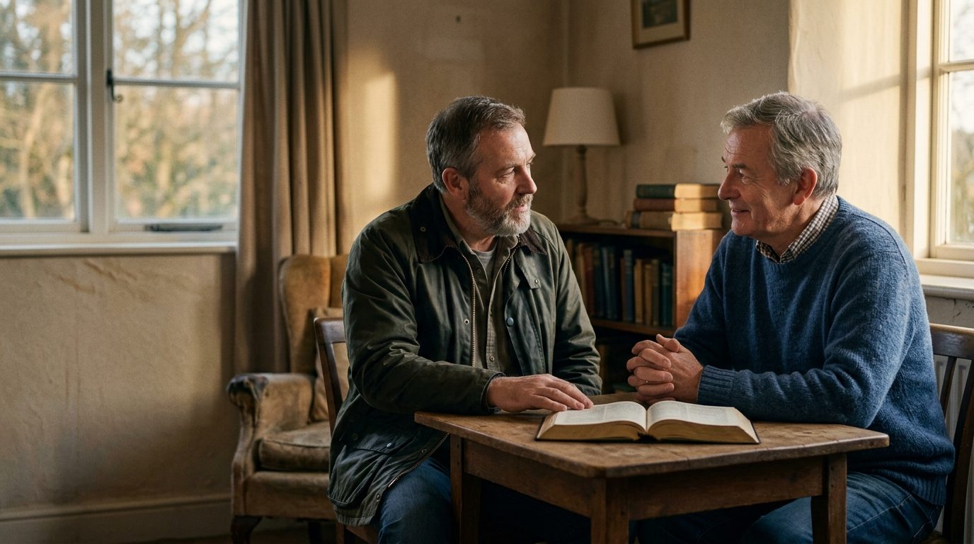 Two men in honest, unhurried conversation across a small table, an open Bible between them