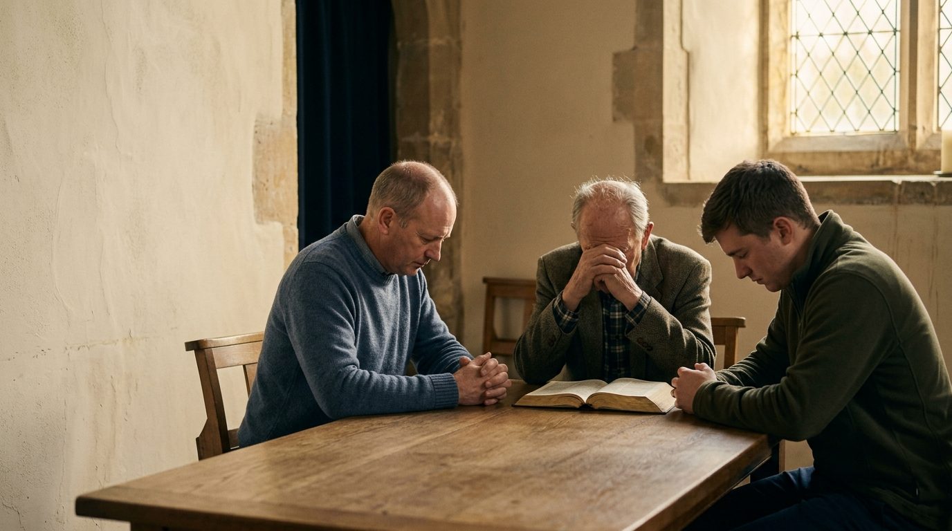 Three men praying together around an open Bible at a wooden table in a quiet church room