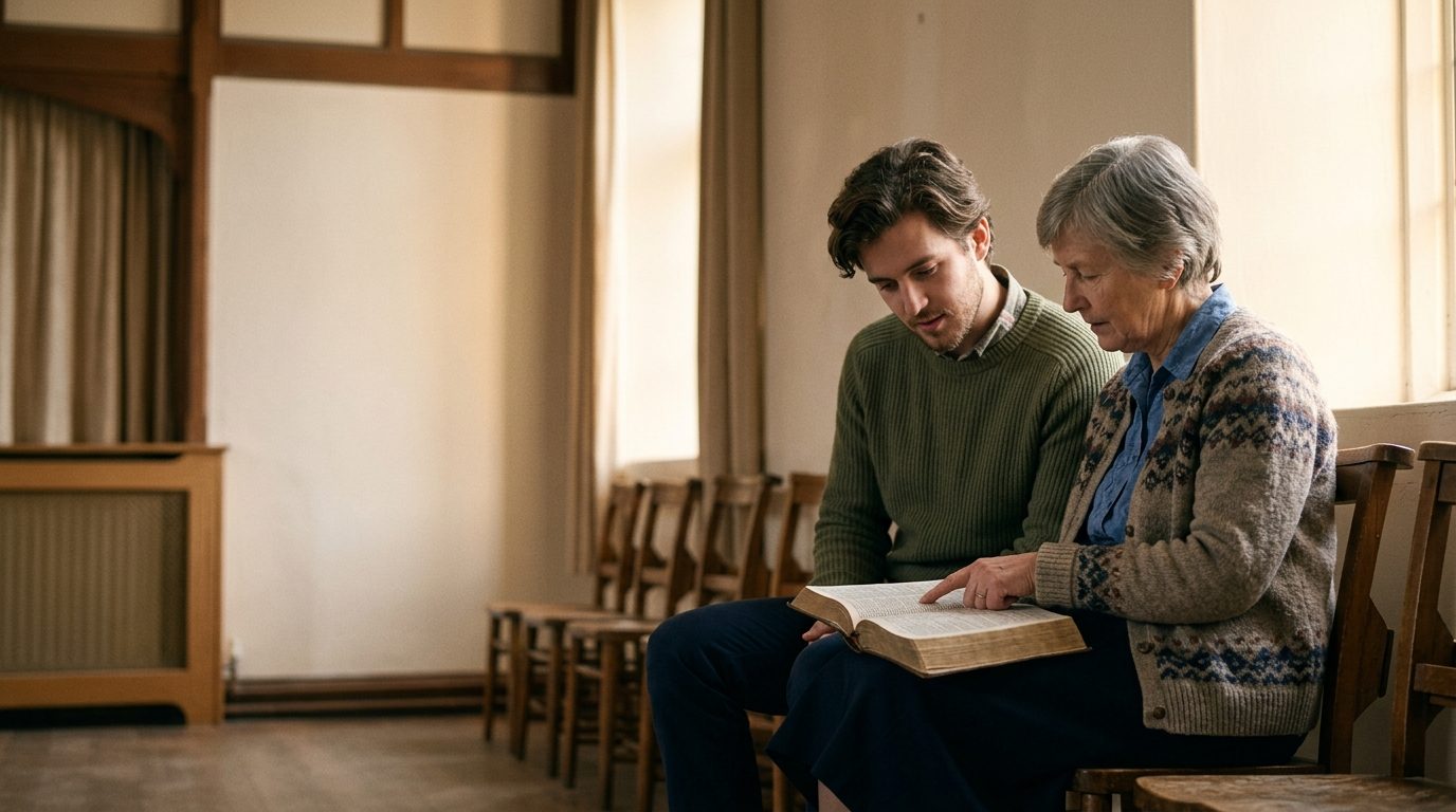 An older believer and a younger one reading an open Bible together, the older one pointing to the page