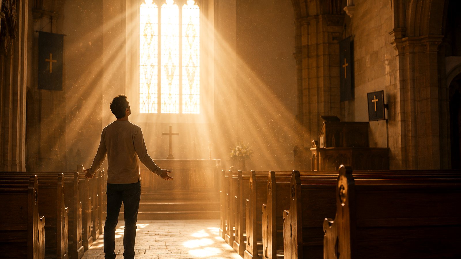 A man standing alone between the pews of a church with his arms open, sunlight streaming through the window ahead of him
