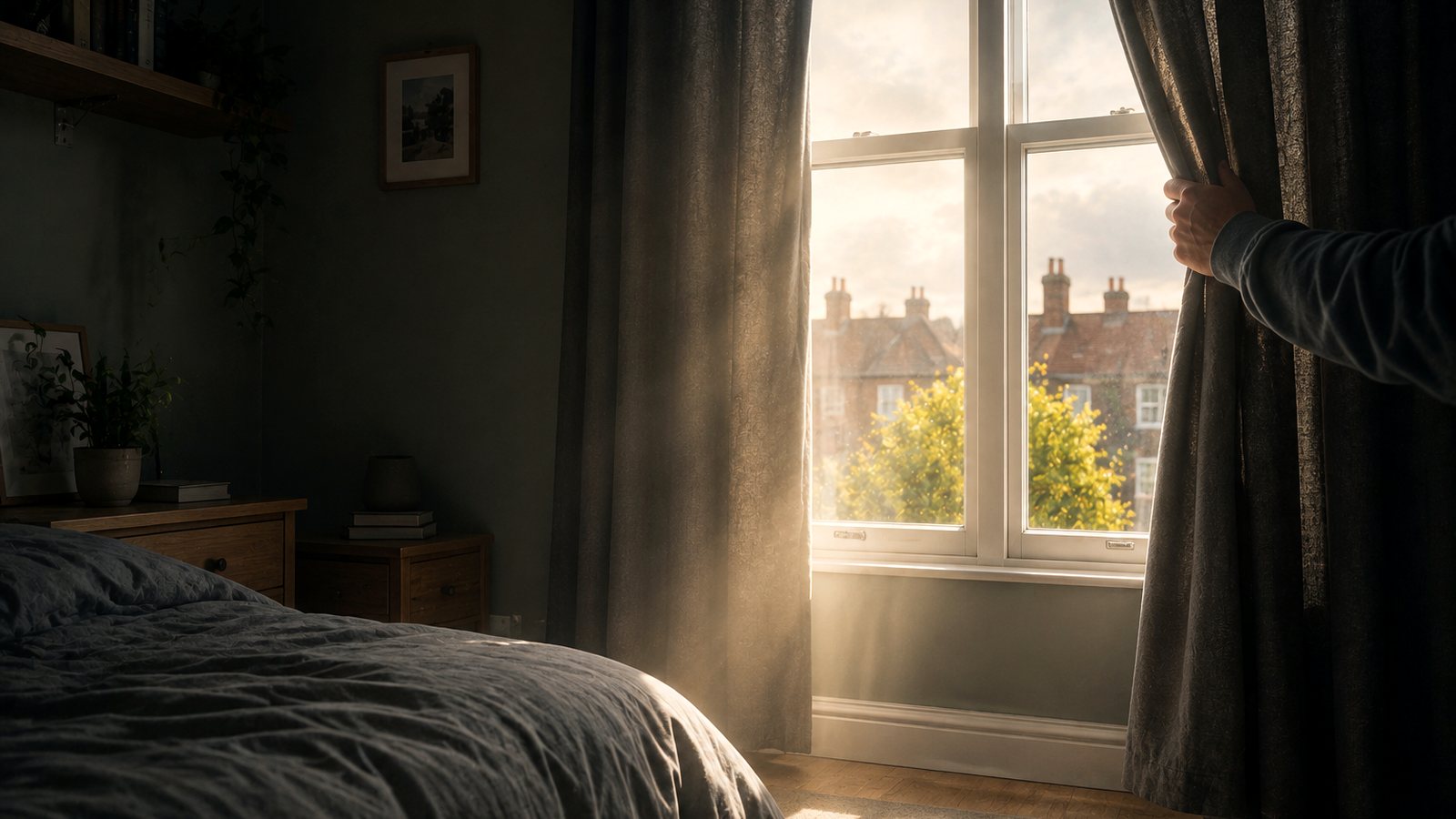 A hand drawing back heavy curtains in a bedroom on a grey morning, daylight coming in across the floor