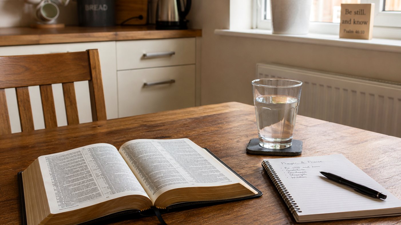 A kitchen table on a Monday morning with an open Bible, a glass of water and a notebook, daylight through the window