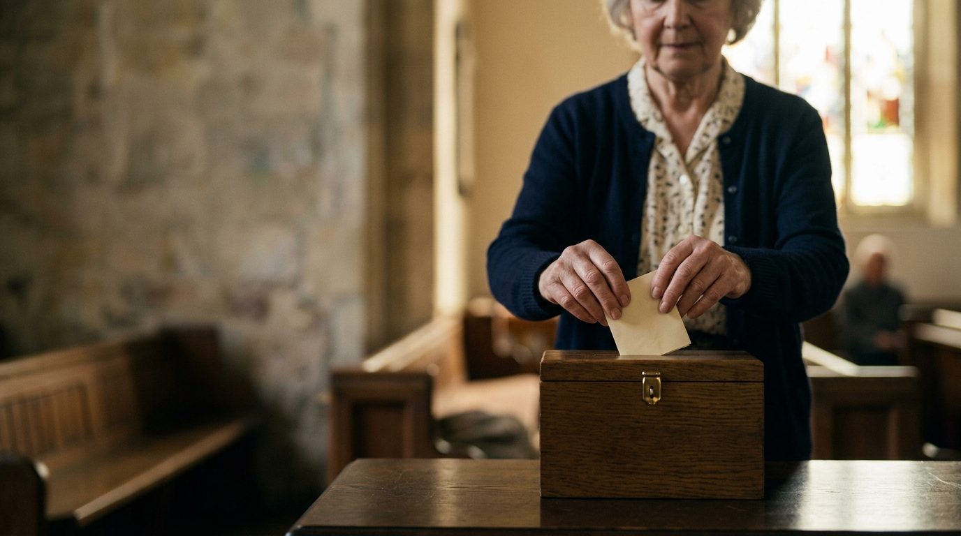 Open hands placing a folded note into a simple wooden offering box, warm light from a church window