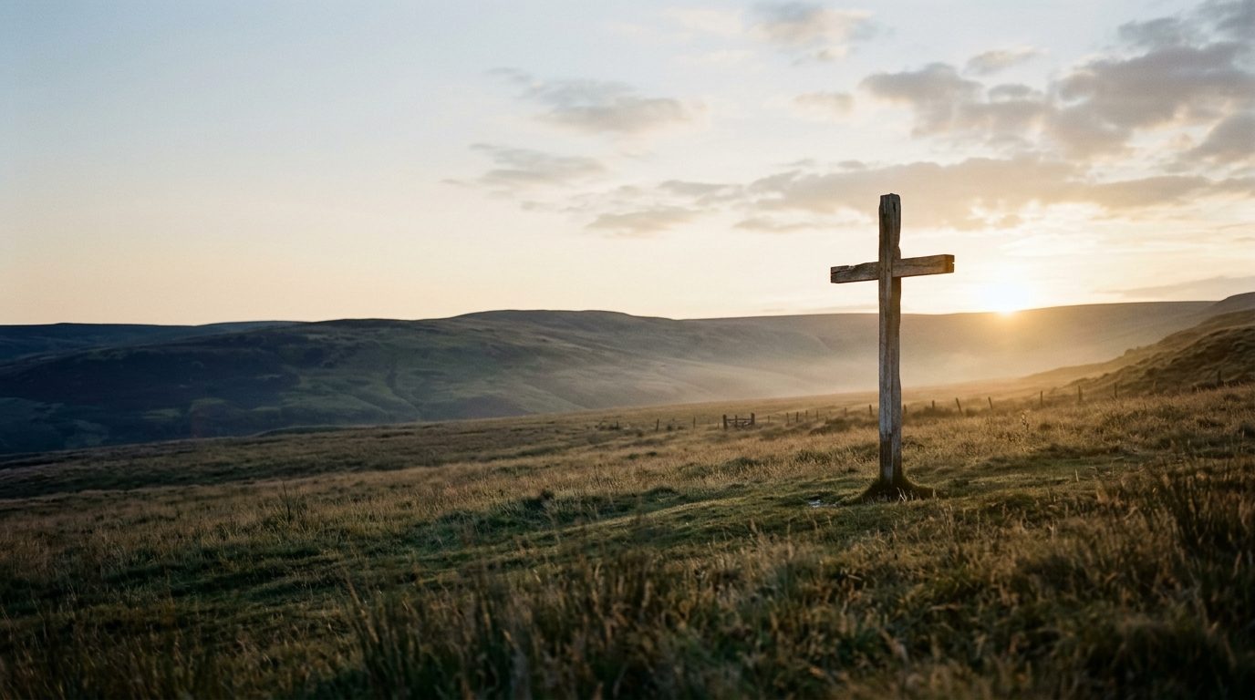 Sunrise breaking over a wooden cross on a hillside, warm light across an open field