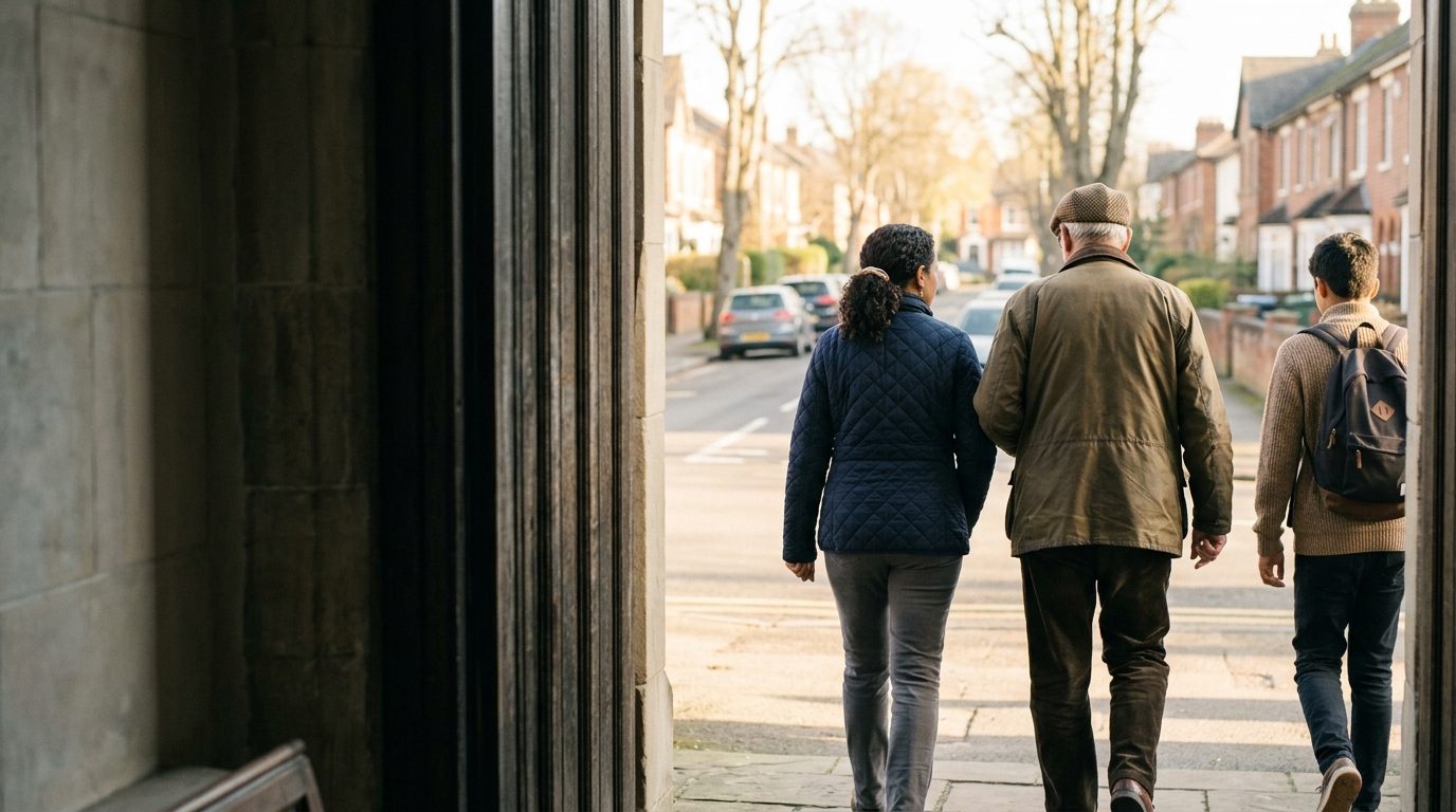 A small group of ordinary people stepping out of a church doorway into bright morning light on a British street