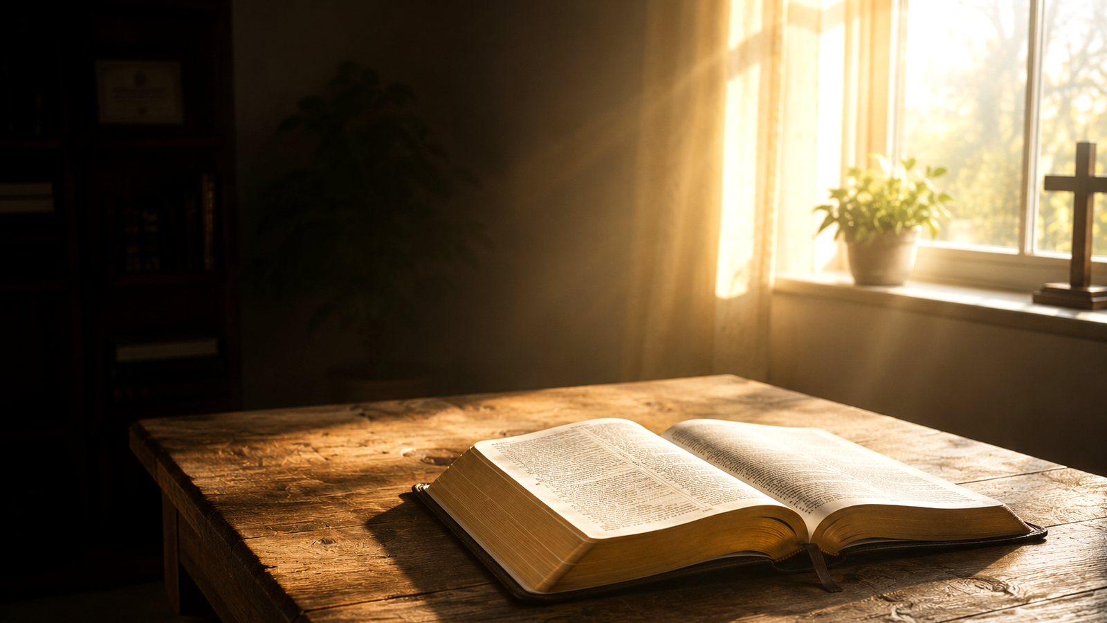 An open Bible on a wooden table lit by strong daylight from a window, the rest of the room in shadow