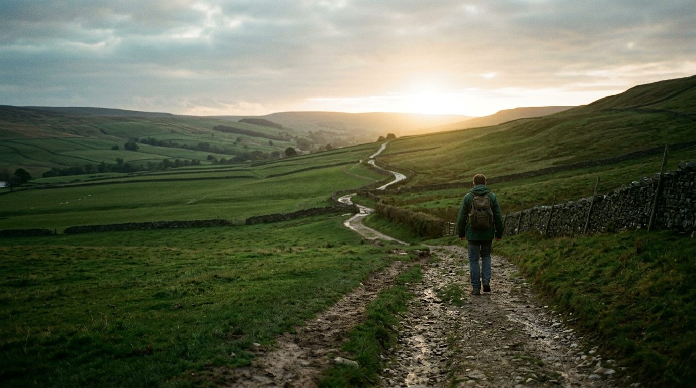 A walker on a winding path through British hills toward the sunrise, the whole route visible ahead