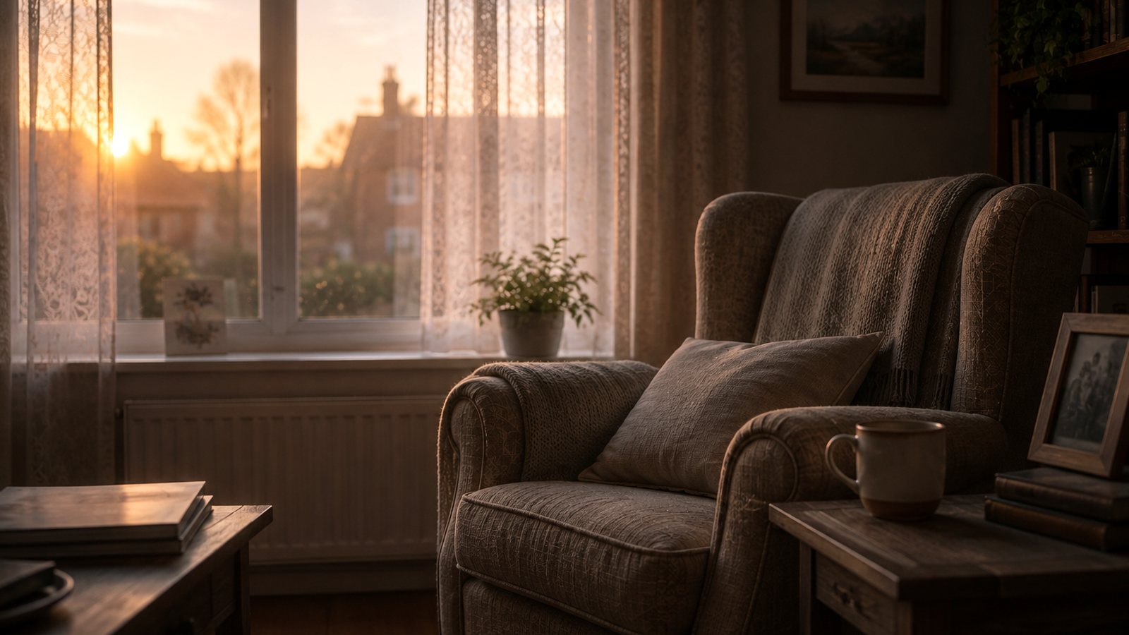 An empty armchair beside a window in a quiet living room at dawn, with a blanket and a mug on the side table