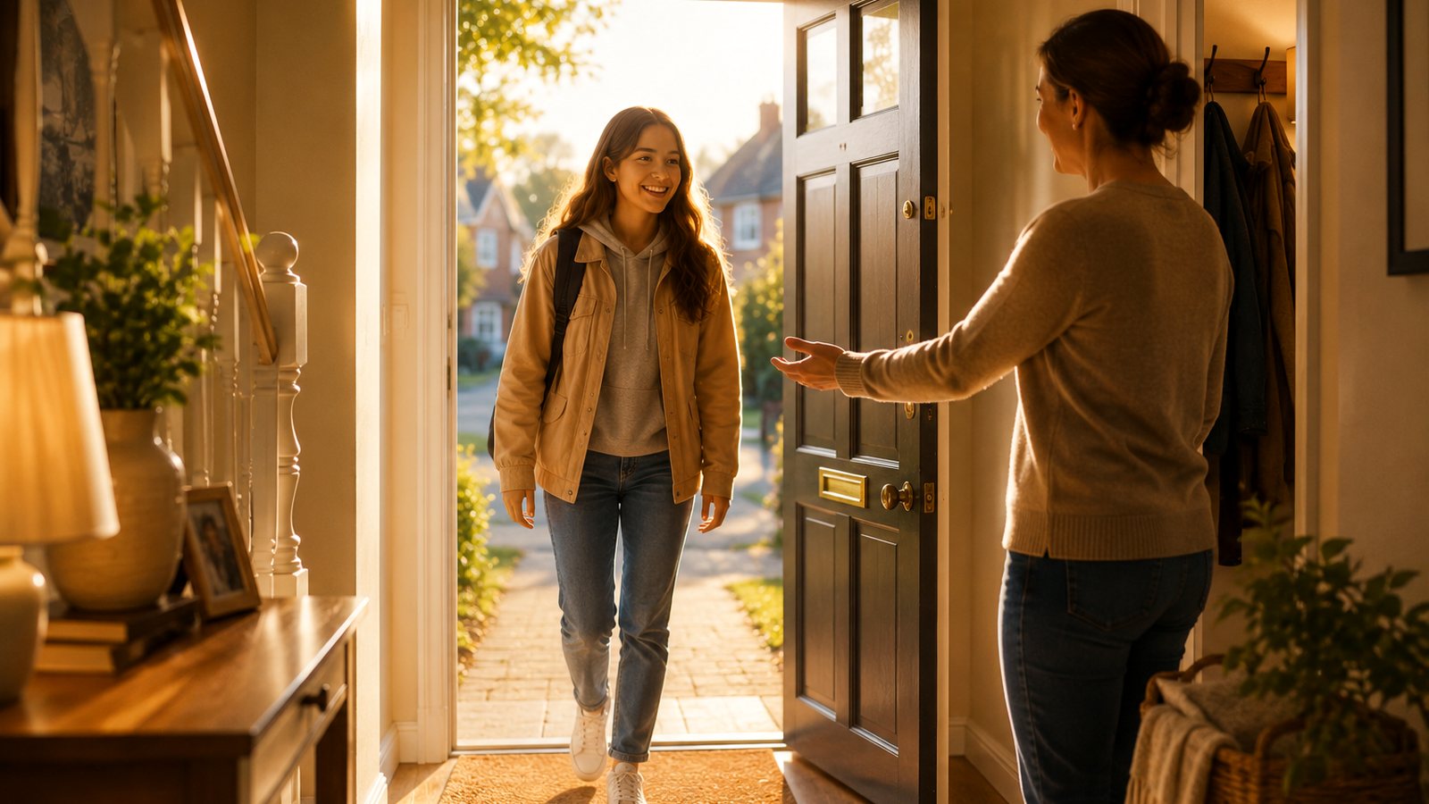 A young woman being welcomed through the open front door of a home, warm evening light behind her