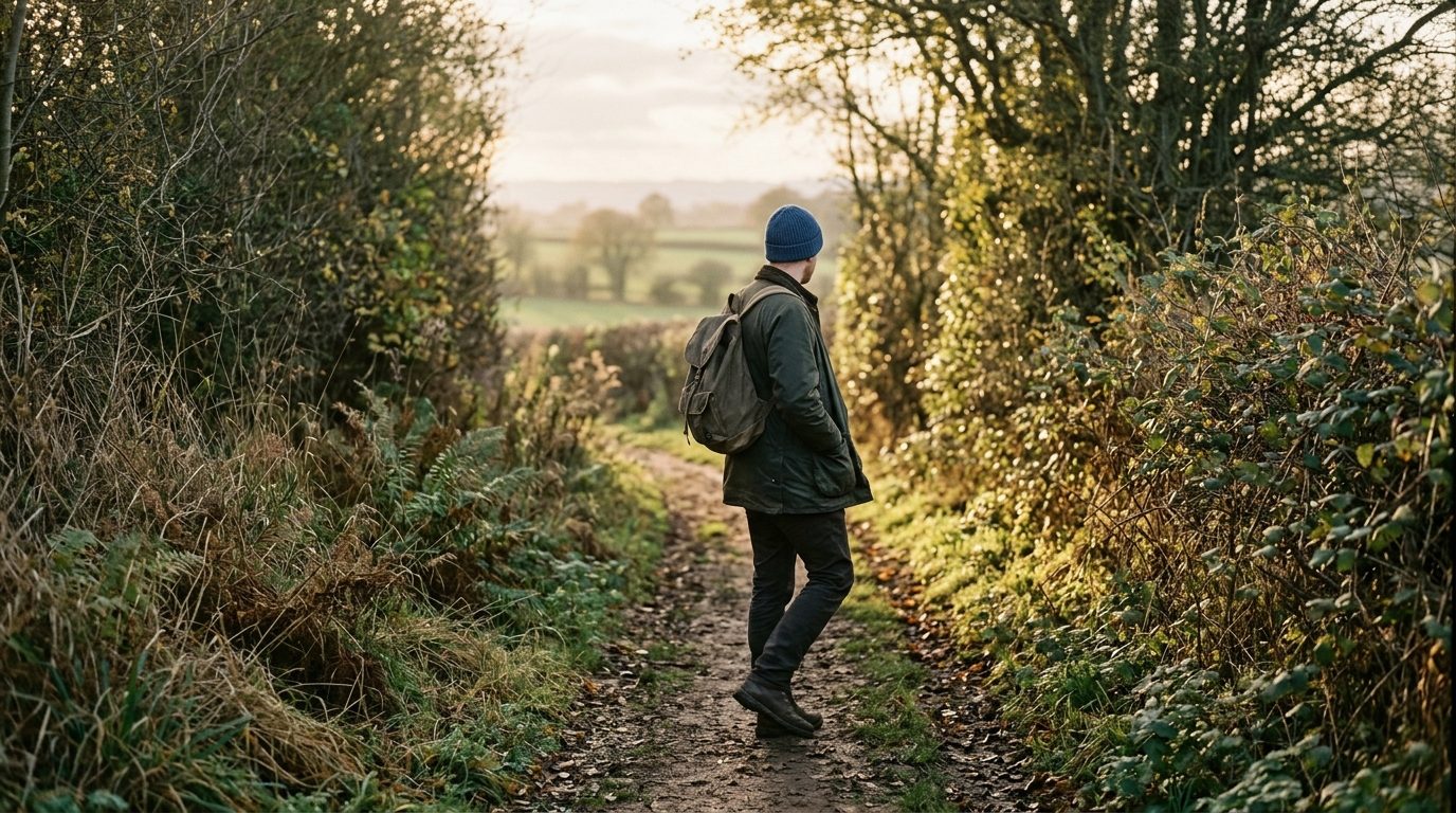 A person on a footpath turning back toward warm morning light