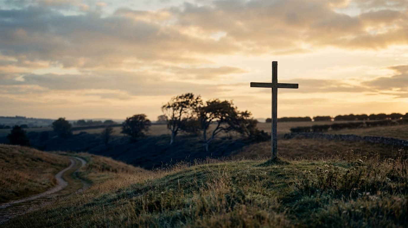 A wooden cross silhouetted against a bright sky at dawn