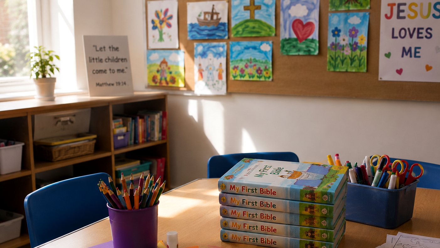 A Sunday School craft table with childrens Bibles, crayons and coloured paper, childrens paintings pinned to the wall behind