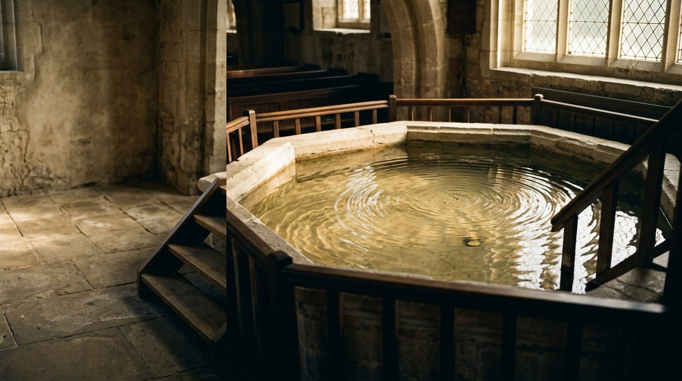 Clear water in a baptism pool catching the light, gentle ripples across the surface