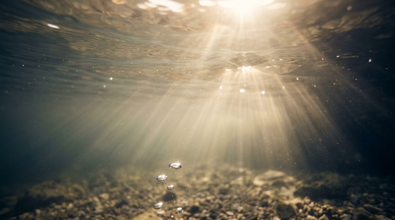 Sunlight breaking through the surface of clear water seen from beneath, rays fanning down through the water
