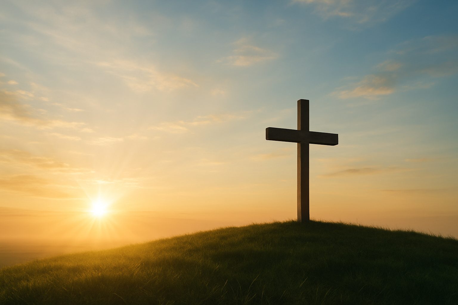 A wooden cross on a grassy hill silhouetted against a warm sunrise