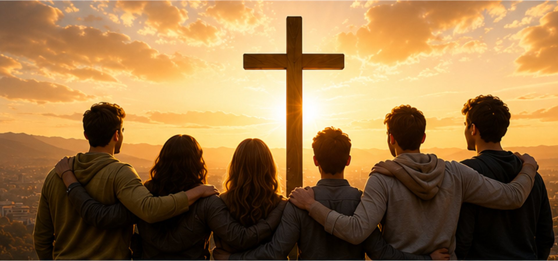 Six friends from behind, arms around each other, looking toward a wooden cross silhouetted against a golden sunrise over a valley