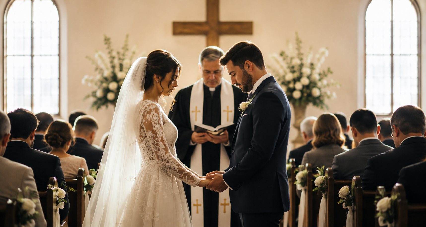 A bride and groom holding hands before a minister at the altar of Garston Community Church, with the congregation seated behind them
