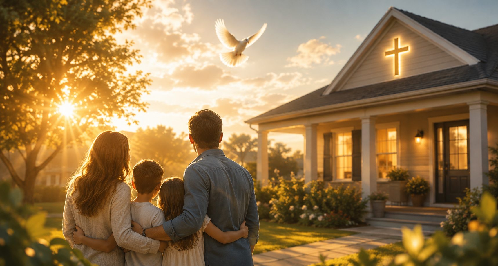 A family standing arm in arm outside their home at sunrise, a dove overhead