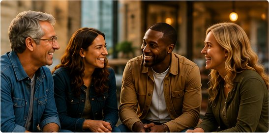 Four adults laughing in conversation