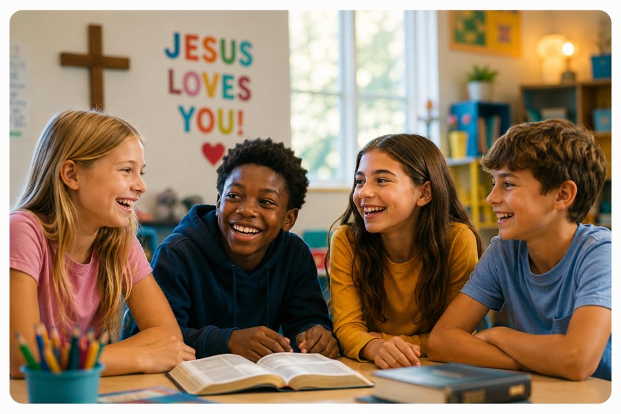 Four happy children laughing together