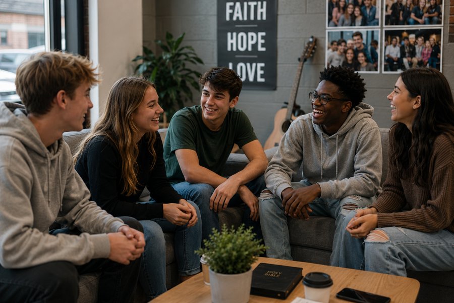 Four teenagers chatting and laughing together