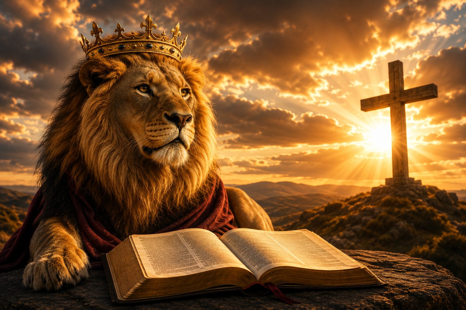 A crowned lion beside an open Bible, with a cross on a hilltop lit by the setting sun