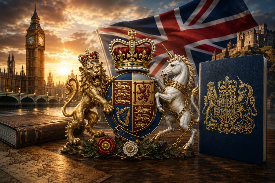 The lion and unicorn on the UK passport's royal coat of arms