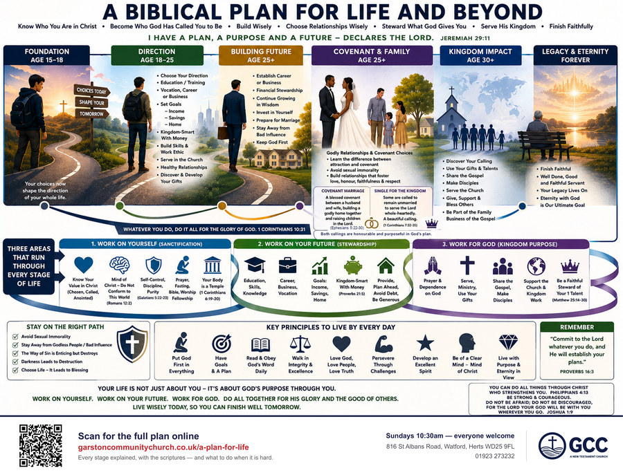 A Biblical Plan for Life and Beyond: six stages from foundation through direction, building a future, covenant and family, kingdom impact and legacy, with the three areas that run through every stage, key daily principles and guidance on staying on the right path. Along the foot, a QR code to this page beside the church logo, address, phone number and Sunday service time.